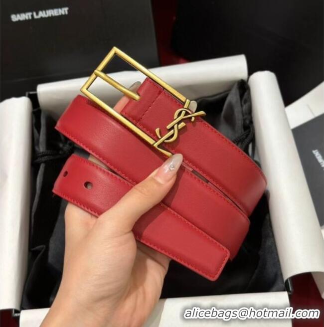 Top Design Saint Laurent New Cassandre Belt 3cm in Calf Leather 0617 Red 2025