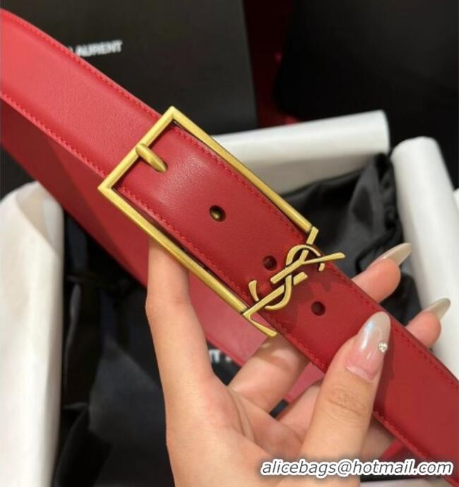 Top Design Saint Laurent New Cassandre Belt 3cm in Calf Leather 0617 Red 2025