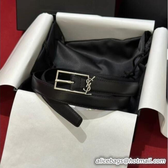 Inexpensive Saint Laurent New Cassandre Belt 2cm in Calf Leather 0617 Black/Silver 2025