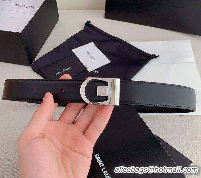 Luxurious Saint Laurent Reversible Calf Leather Belt 3cm 0617 Black/Silver 2025