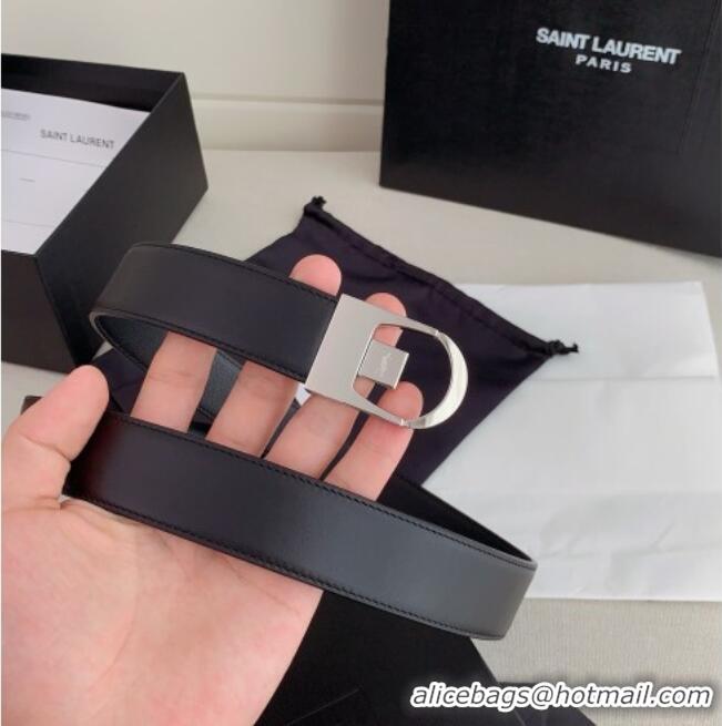 Luxurious Saint Laurent Reversible Calf Leather Belt 3cm 0617 Black/Silver 2025