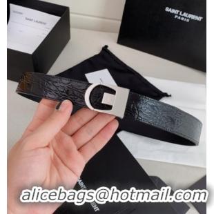 Reasonable Price Saint Laurent Reversible Crocodile Embossed Leather Belt 3cm 0617 Black/Silver 2025