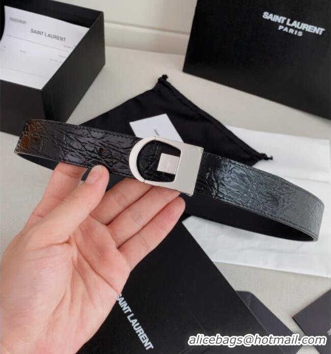Reasonable Price Saint Laurent Reversible Crocodile Embossed Leather Belt 3cm 0617 Black/Silver 2025