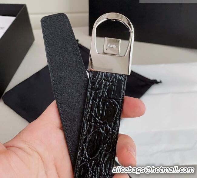 Reasonable Price Saint Laurent Reversible Crocodile Embossed Leather Belt 3cm 0617 Black/Silver 2025