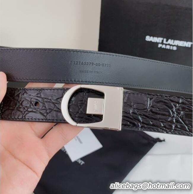 Reasonable Price Saint Laurent Reversible Crocodile Embossed Leather Belt 3cm 0617 Black/Silver 2025