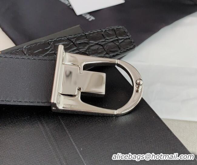 Reasonable Price Saint Laurent Reversible Crocodile Embossed Leather Belt 3cm 0617 Black/Silver 2025