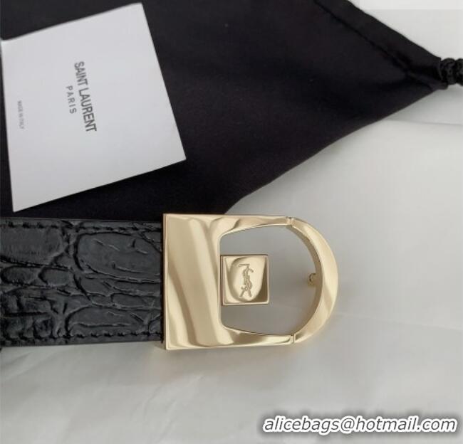 Grade Quality Saint Laurent Reversible Crocodile Embossed Leather Belt 3cm 0617 Black/Gold 2025