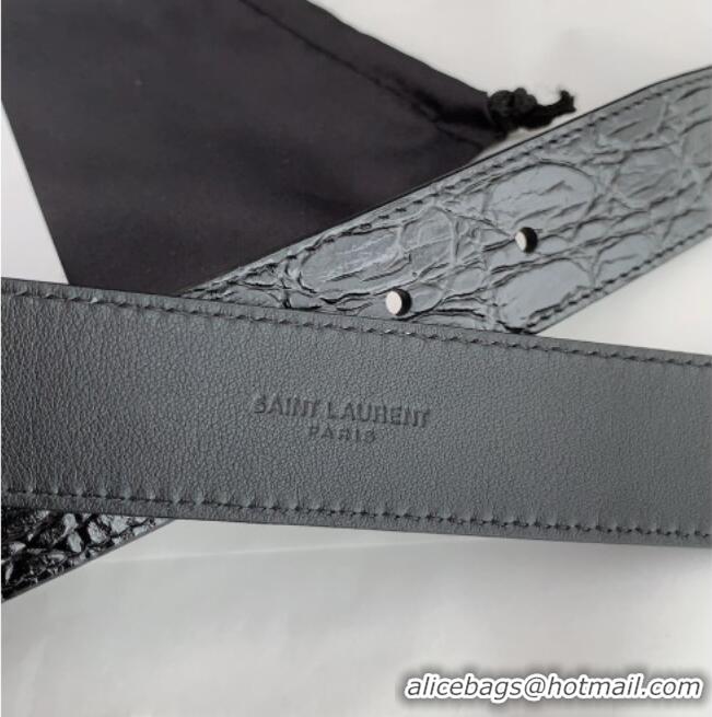 Grade Quality Saint Laurent Reversible Crocodile Embossed Leather Belt 3cm 0617 Black/Gold 2025