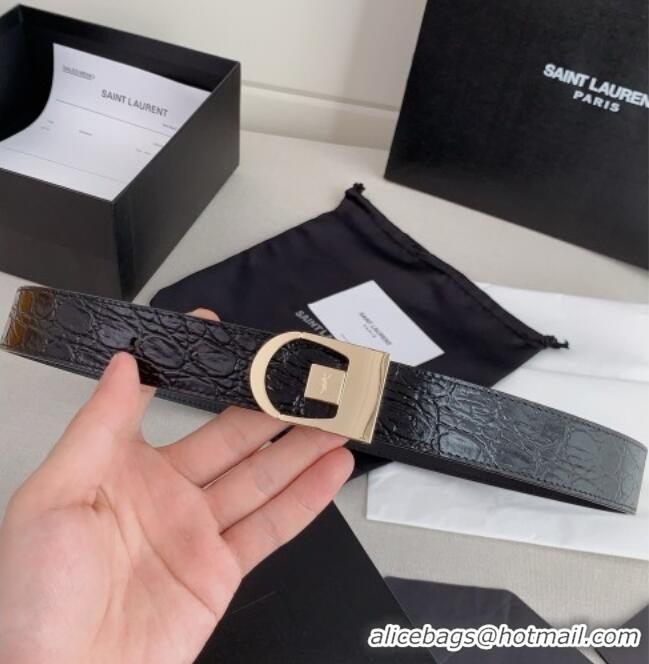 Grade Quality Saint Laurent Reversible Crocodile Embossed Leather Belt 3cm 0617 Black/Gold 2025