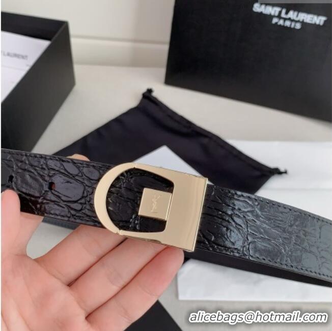 Grade Quality Saint Laurent Reversible Crocodile Embossed Leather Belt 3cm 0617 Black/Gold 2025
