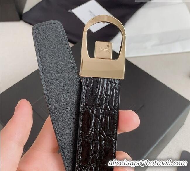 Grade Quality Saint Laurent Reversible Crocodile Embossed Leather Belt 3cm 0617 Black/Gold 2025
