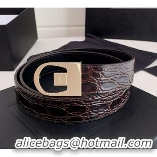 Luxury Cheap Saint Laurent Reversible Crocodile Embossed Leather Belt 3cm 0617 Brown/Gold 2025