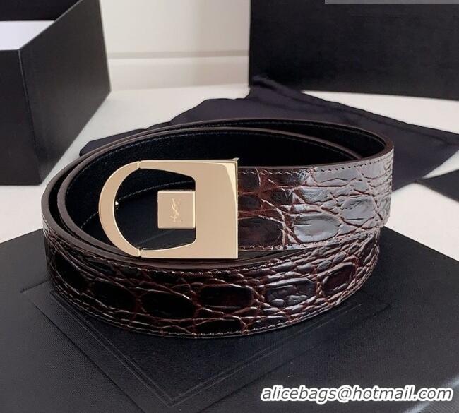 Luxury Cheap Saint Laurent Reversible Crocodile Embossed Leather Belt 3cm 0617 Brown/Gold 2025