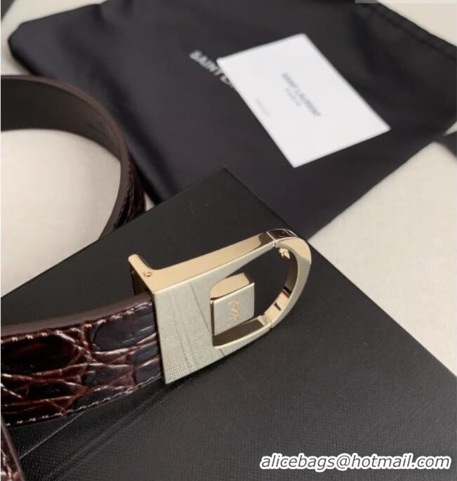 Luxury Cheap Saint Laurent Reversible Crocodile Embossed Leather Belt 3cm 0617 Brown/Gold 2025