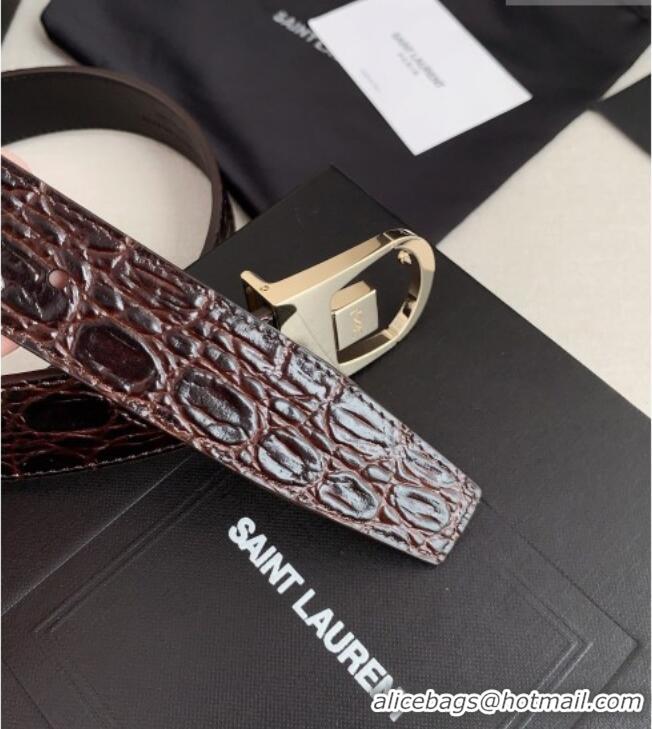 Luxury Cheap Saint Laurent Reversible Crocodile Embossed Leather Belt 3cm 0617 Brown/Gold 2025