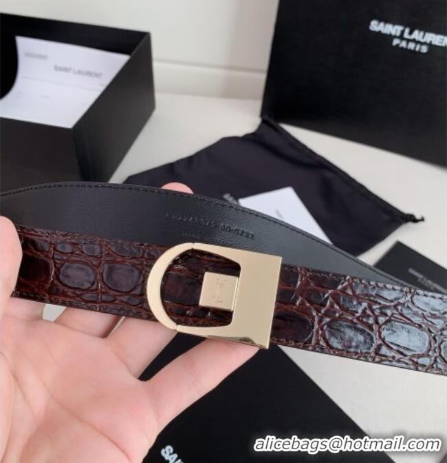 Luxury Cheap Saint Laurent Reversible Crocodile Embossed Leather Belt 3cm 0617 Brown/Gold 2025