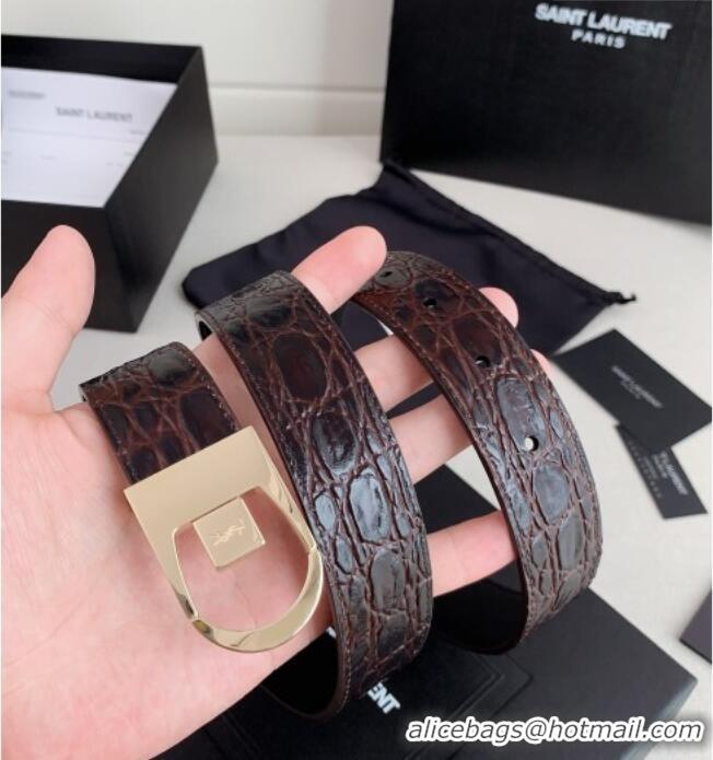 Luxury Cheap Saint Laurent Reversible Crocodile Embossed Leather Belt 3cm 0617 Brown/Gold 2025