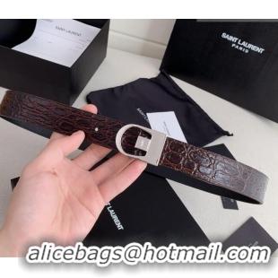 Best Grade Saint Laurent Reversible Crocodile Embossed Leather Belt 3cm 0617 Brown/Silver 2025