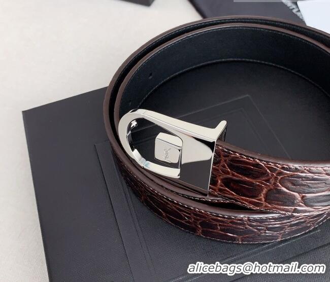 Best Grade Saint Laurent Reversible Crocodile Embossed Leather Belt 3cm 0617 Brown/Silver 2025