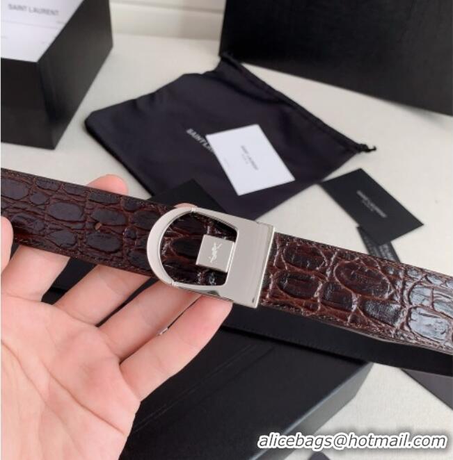 Best Grade Saint Laurent Reversible Crocodile Embossed Leather Belt 3cm 0617 Brown/Silver 2025