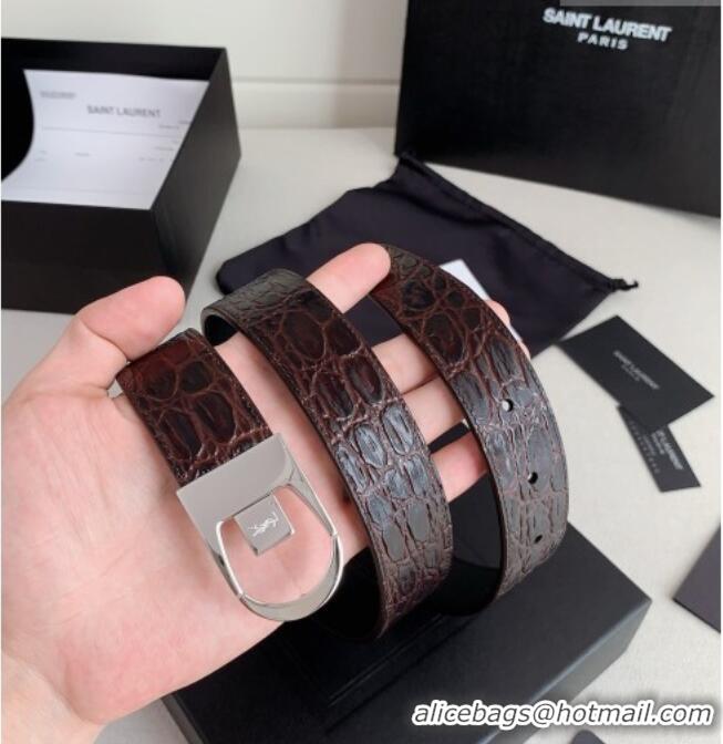 Best Grade Saint Laurent Reversible Crocodile Embossed Leather Belt 3cm 0617 Brown/Silver 2025