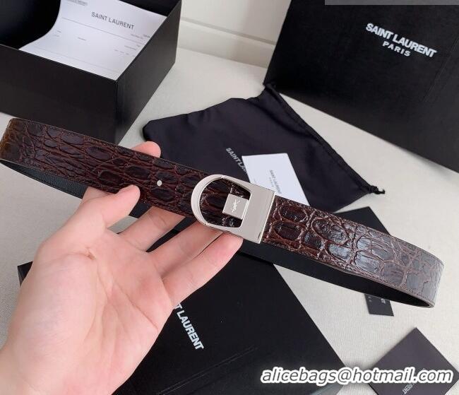 Best Grade Saint Laurent Reversible Crocodile Embossed Leather Belt 3cm 0617 Brown/Silver 2025