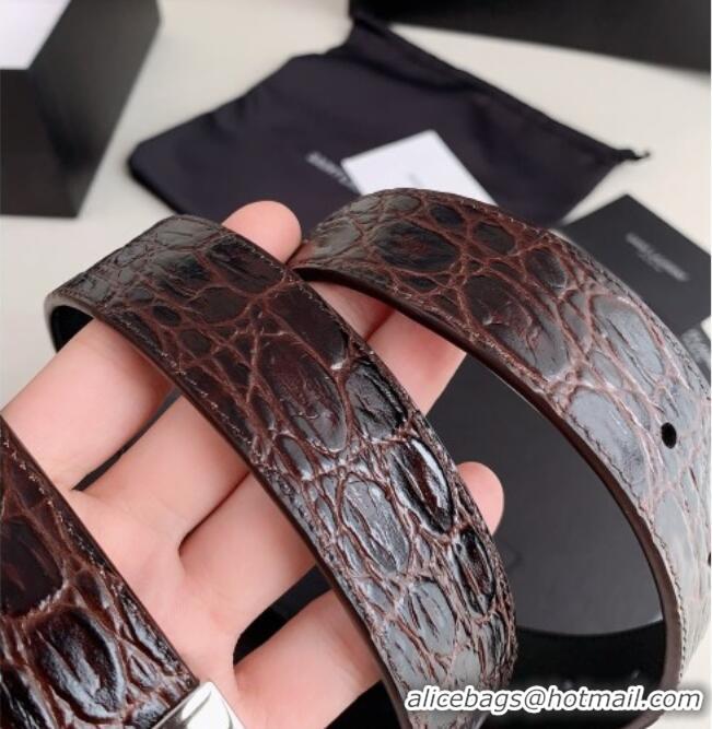 Best Grade Saint Laurent Reversible Crocodile Embossed Leather Belt 3cm 0617 Brown/Silver 2025