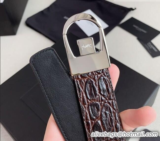 Best Grade Saint Laurent Reversible Crocodile Embossed Leather Belt 3cm 0617 Brown/Silver 2025
