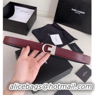 Luxurious Saint Laurent Reversible Leather Belt 3cm 0617 Dark Burgundy/Silver 2025