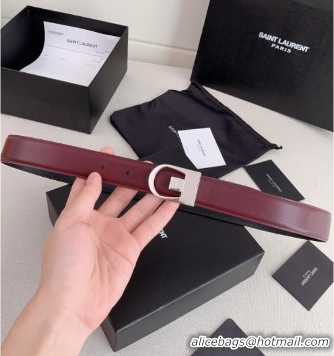 Luxurious Saint Laurent Reversible Leather Belt 3cm 0617 Dark Burgundy/Silver 2025