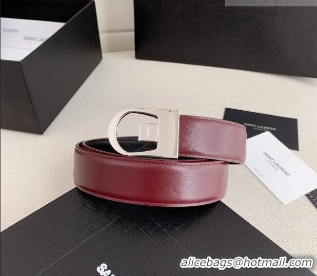 Luxurious Saint Laurent Reversible Leather Belt 3cm 0617 Dark Burgundy/Silver 2025