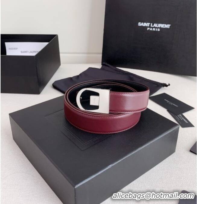 Luxurious Saint Laurent Reversible Leather Belt 3cm 0617 Dark Burgundy/Silver 2025