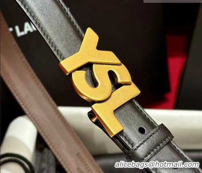 Top Quality Saint Laurent Women's Supple Calfskin Leather Belt 2.5cm with Maxi YSL Buckle 25060 Black/Aged Gold 2025