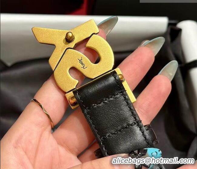 Top Quality Saint Laurent Women's Supple Calfskin Leather Belt 2.5cm with Maxi YSL Buckle 25060 Black/Aged Gold 2025