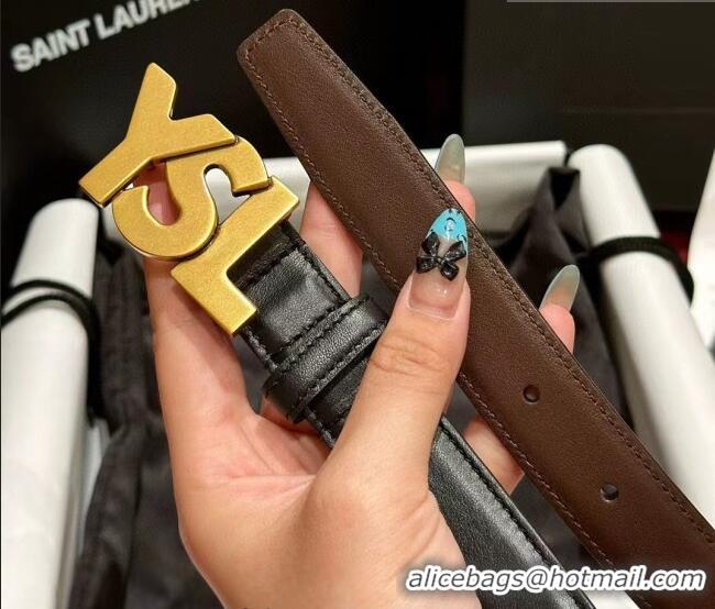 Top Quality Saint Laurent Women's Supple Calfskin Leather Belt 2.5cm with Maxi YSL Buckle 25060 Black/Aged Gold 2025