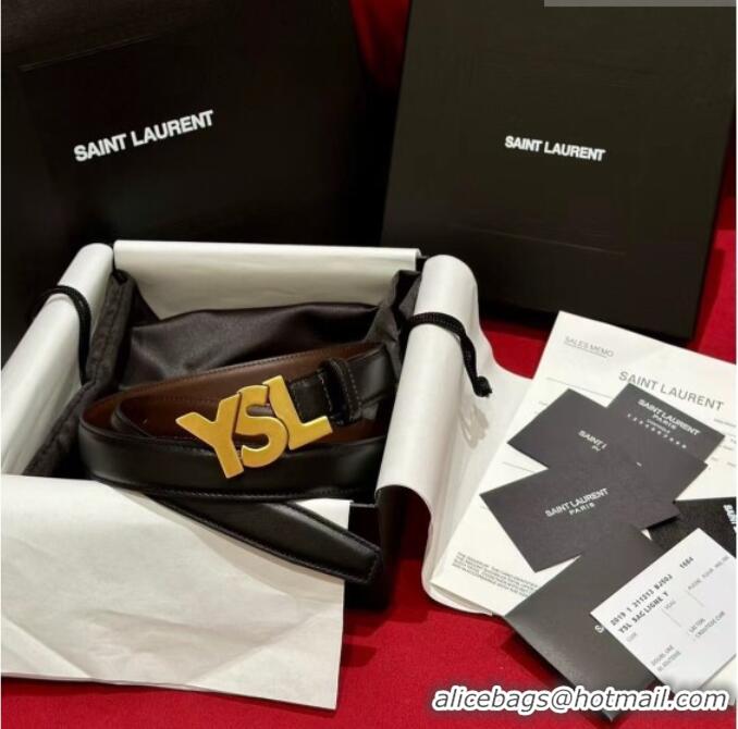 Top Quality Saint Laurent Women's Supple Calfskin Leather Belt 2.5cm with Maxi YSL Buckle 25060 Black/Aged Gold 2025