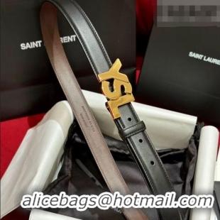 Promotional Saint Laurent Women's Supple Calfskin Leather Belt 2.5cm with Maxi YSL Buckle 25060 Black/Shiny Gold 2025