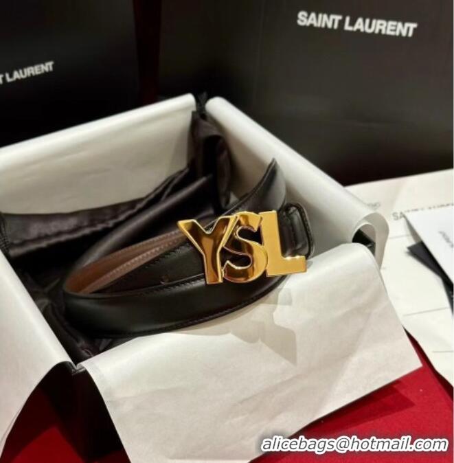 Promotional Saint Laurent Women's Supple Calfskin Leather Belt 2.5cm with Maxi YSL Buckle 25060 Black/Shiny Gold 2025