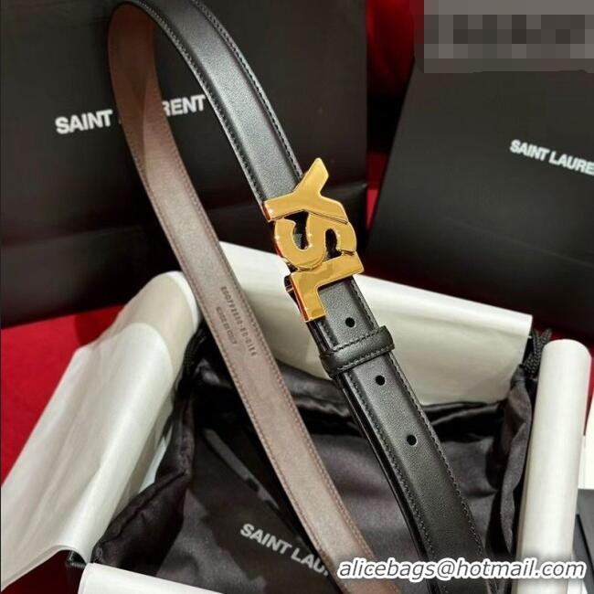 Promotional Saint Laurent Women's Supple Calfskin Leather Belt 2.5cm with Maxi YSL Buckle 25060 Black/Shiny Gold 2025