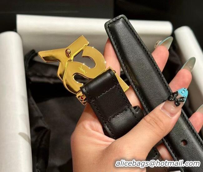 Promotional Saint Laurent Women's Supple Calfskin Leather Belt 2.5cm with Maxi YSL Buckle 25060 Black/Shiny Gold 2025