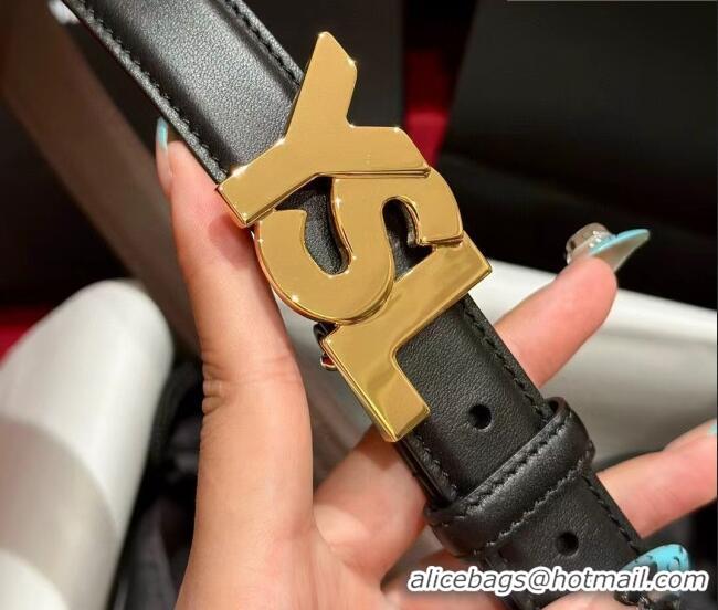 Promotional Saint Laurent Women's Supple Calfskin Leather Belt 2.5cm with Maxi YSL Buckle 25060 Black/Shiny Gold 2025