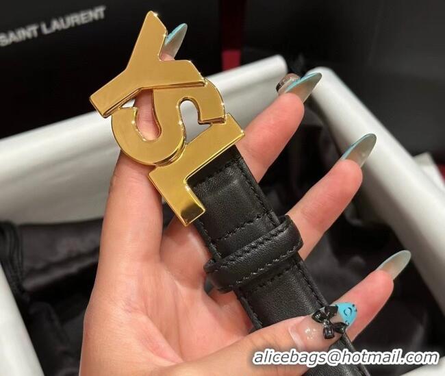 Promotional Saint Laurent Women's Supple Calfskin Leather Belt 2.5cm with Maxi YSL Buckle 25060 Black/Shiny Gold 2025