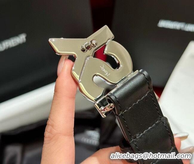 Reasonable Price Saint Laurent Women's Supple Calfskin Leather Belt 2.5cm with Maxi YSL Buckle 25060 Black/Silver 2025