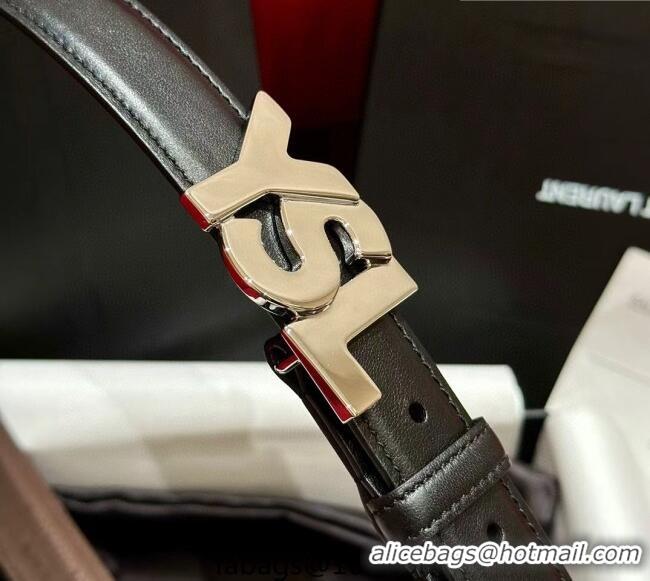 Reasonable Price Saint Laurent Women's Supple Calfskin Leather Belt 2.5cm with Maxi YSL Buckle 25060 Black/Silver 2025