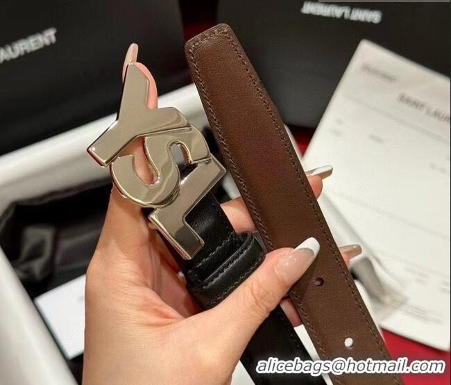 Reasonable Price Saint Laurent Women's Supple Calfskin Leather Belt 2.5cm with Maxi YSL Buckle 25060 Black/Silver 2025