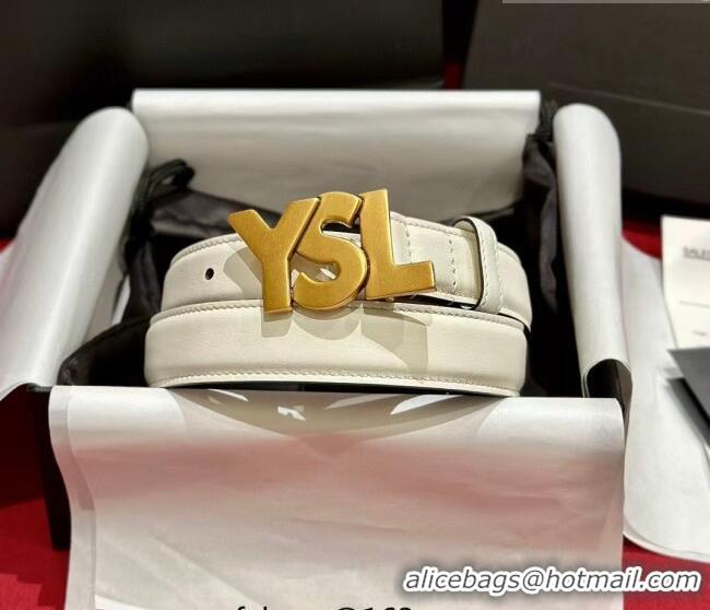Best Quality Saint Laurent Women's Supple Calfskin Leather Belt 2.5cm with Maxi YSL Buckle 25060 White/Aged Gold 2025
