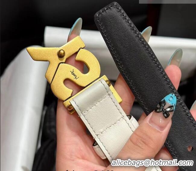 Best Quality Saint Laurent Women's Supple Calfskin Leather Belt 2.5cm with Maxi YSL Buckle 25060 White/Aged Gold 2025