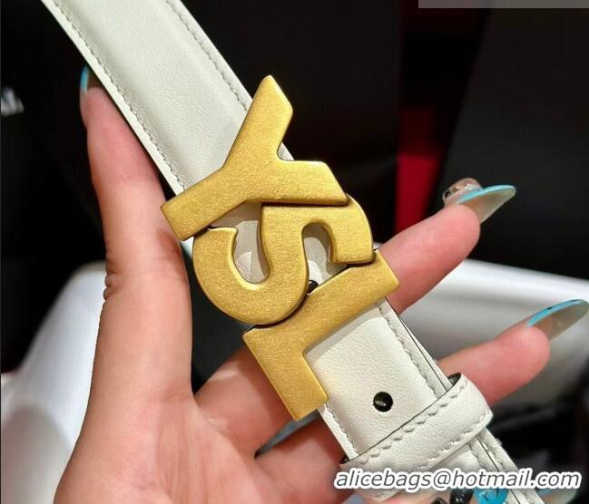 Best Quality Saint Laurent Women's Supple Calfskin Leather Belt 2.5cm with Maxi YSL Buckle 25060 White/Aged Gold 2025