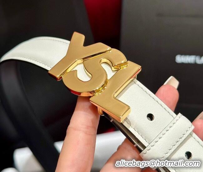 Well Crafted Saint Laurent Women's Supple Calfskin Leather Belt 2.5cm with Maxi YSL Buckle 25060 White/Shiny Gold 2025
