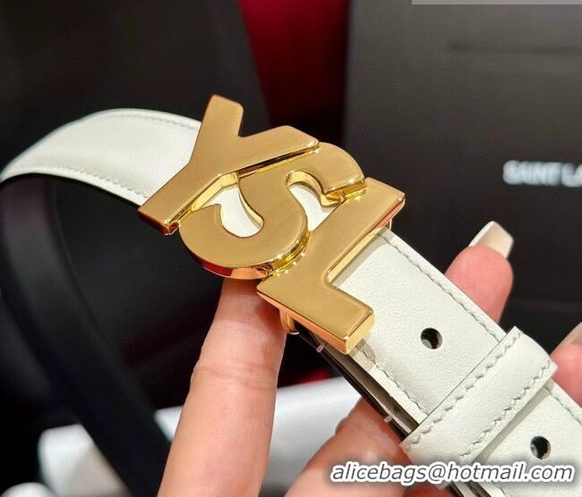 Well Crafted Saint Laurent Women's Supple Calfskin Leather Belt 2.5cm with Maxi YSL Buckle 25060 White/Shiny Gold 2025